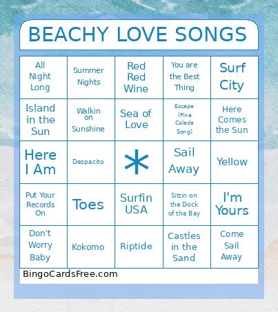 BEACHY LOVE SONGS Bingo
