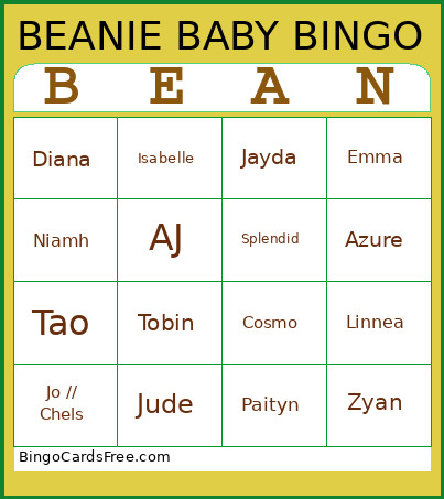 BEANIE BABY BING) Bingo Card