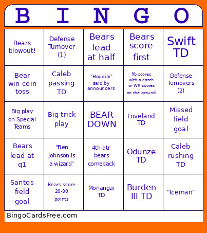 Bear Down Bingo Card