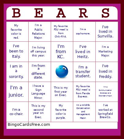 Bears Get To Know You Bingo Card