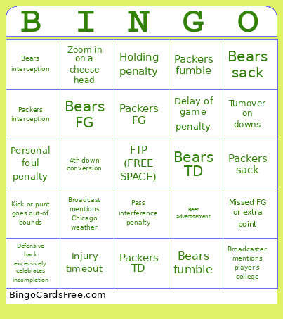 Bears V Packers Bingo Card 2