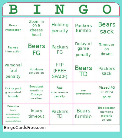 Bears V Packers Bingo Card