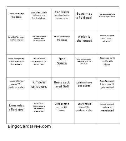 Bears Vs Lions Bingo Card