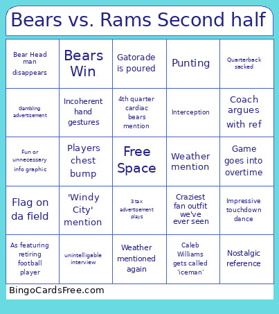 Bears Vs. Rams Second Half Bingo Card