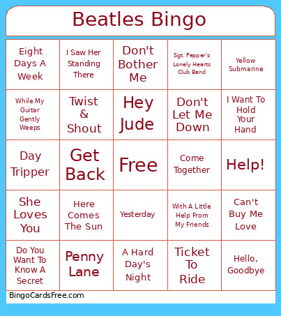 Beatles Bingo Card