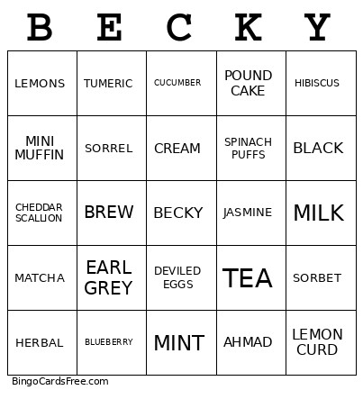 BECKY'S TEA PARTY Bingo Card