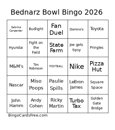 Bednarz Bowl 2026 Bingo Card