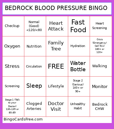 Bedrock Blood Pressure Bingo Card