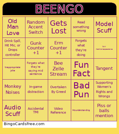 Bee Zelle Stream Bingo Card