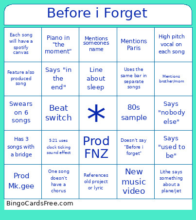 Before I Forget Bingo Card
