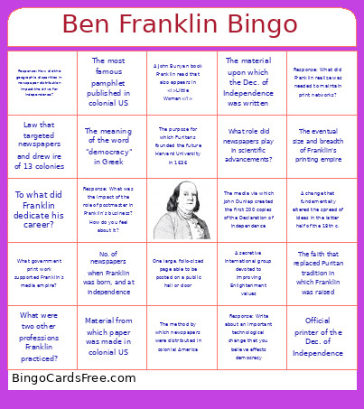 Ben Franklin Bingo Card