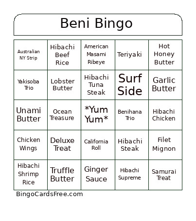 Beni Bingo Card