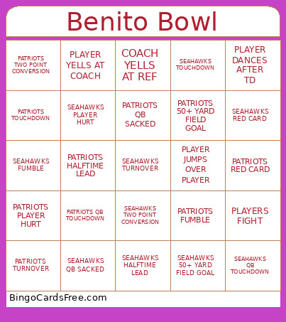 Benito Bowl Bingo Card