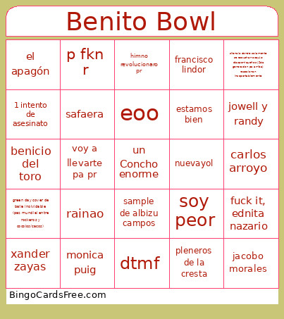 Benito Bowl Bingo Card