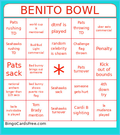 Benito Bowl Bingo Card