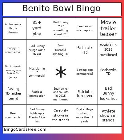 Benito Bowl Bingo Card