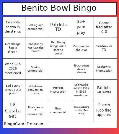 Benito Bowl Bingo Card