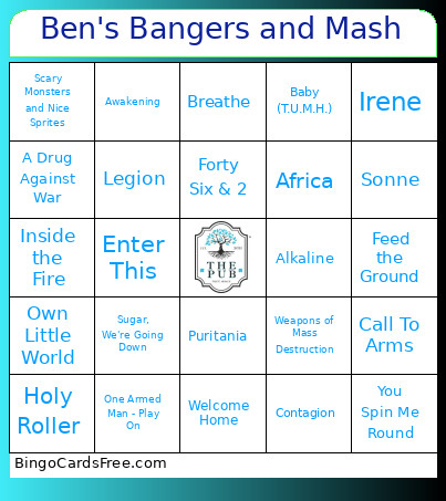 Ben's Bangers And Mash Bingo Card