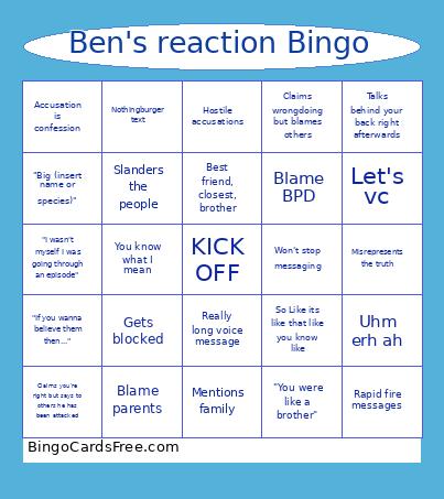 Ben's Reaction Bingo Card