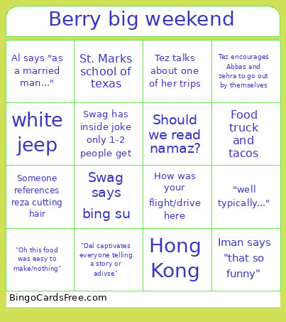 Berry Big Weekend Bingo Card