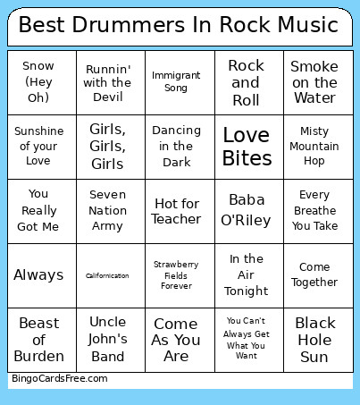 Best Drummers In Rock Music Bingo Card