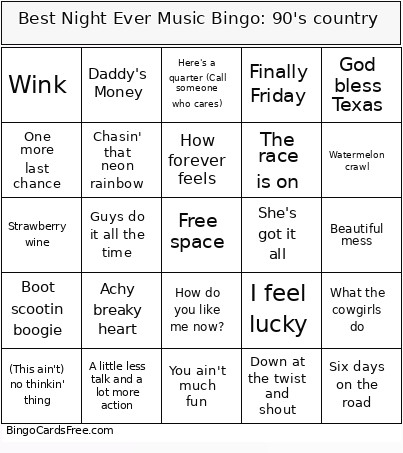 Best Night Ever Music : 90's Country Bingo Card