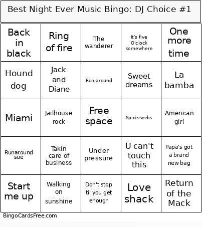 Best Night Ever Music : DJ Choice #1 Bingo Card