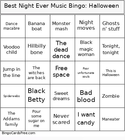 Best Night Ever Music : Halloween Bingo Card