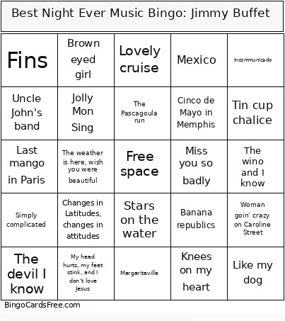 Best Night Ever Music : Jimmy Buffet Bingo Card