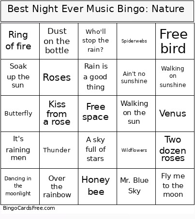 Best Night Ever Music : Nature Bingo Card