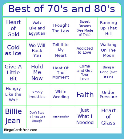 Best Of 70's And 80's Bingo Card