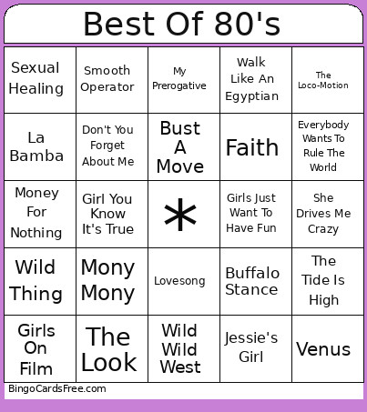 Best Of 80's Bingo Card
