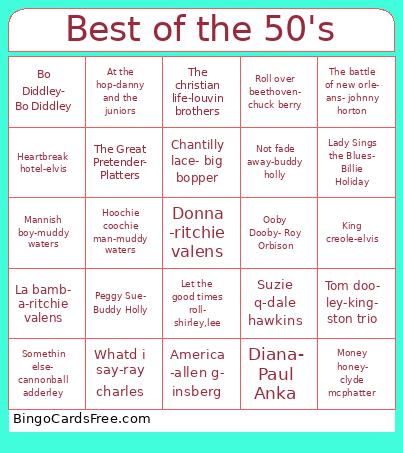 Best of the 50's Bingo
