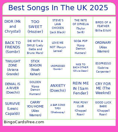 Best Songs In The UK 2025 Bingo Card