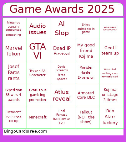 BETTER Game Awards 2025 V2 Bingo Card