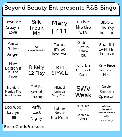 Beyond Beauty Ent Presents R&B Bingo Card