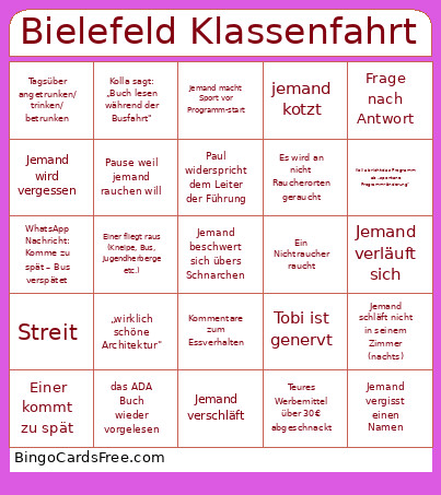 Bielefeld Klassenfahrt Bingo Card