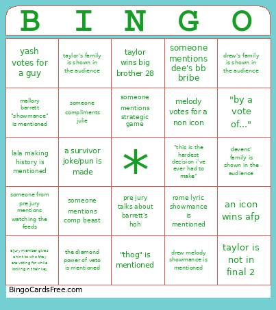 Big Brother Bingo Card
