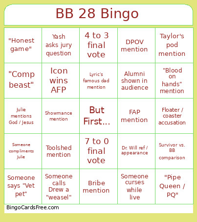 Big Brother Finale Bingo Card