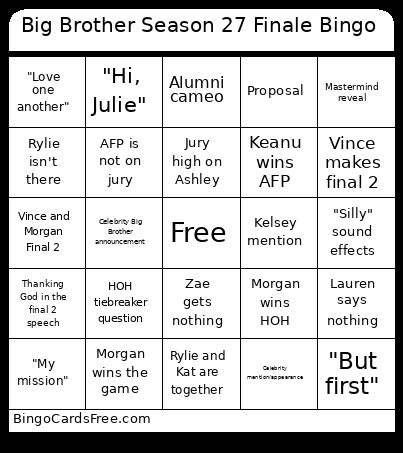 Big Brother Season 27 Finale Bingo Card