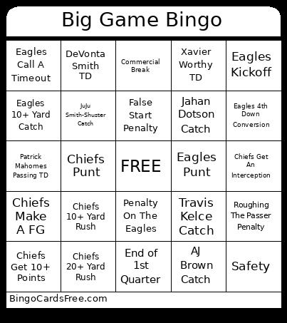 Big Game Bingo Card