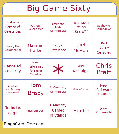 Big Game Sixty Bingo Card
