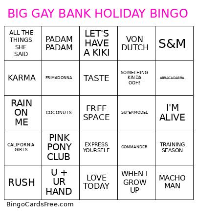 BIG GAY BANK HOLIDAY BINGO
