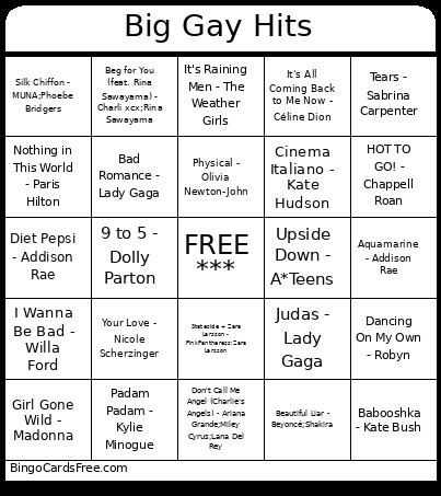 Big Gay Hits Bingo Card