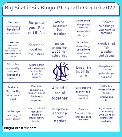 Big Sis-Lil Sis (9th/12th Grade) 2027 Bingo Card