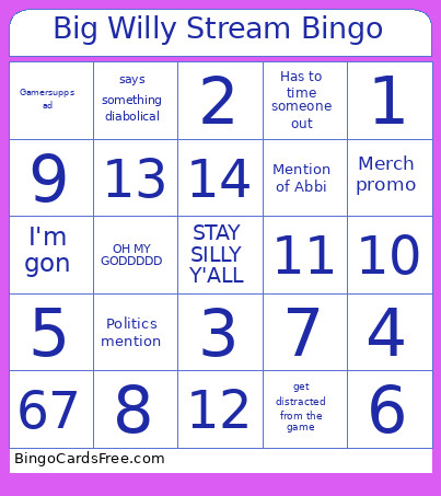 Big Willy Stream Bingo Card
