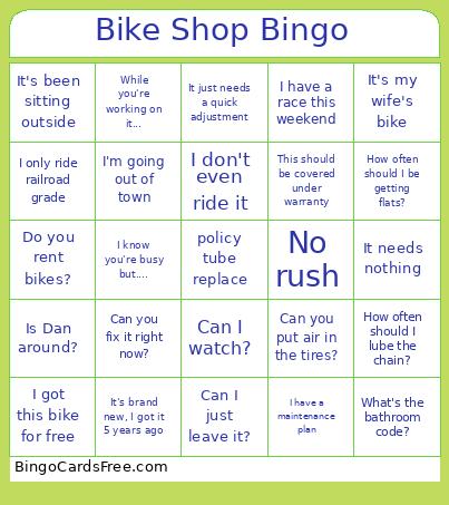 bike shop bingo