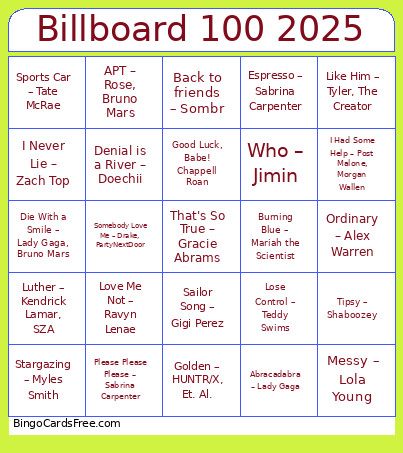 Billboard 100 2025 Bingo Card