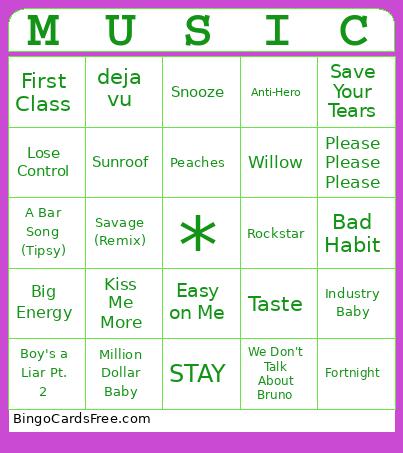 Billboard Bingo 2020's Cards Free Pdf Printable Game, Title: MUSIC