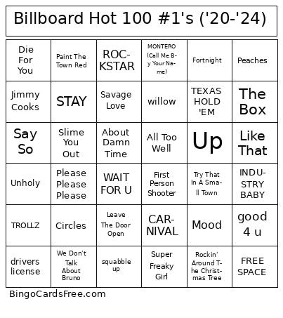 Billboard Hot 100 #1's Bingo Cards Free Pdf Printable Game, Title: Billboard Hot 100 #1's ('20-'24)